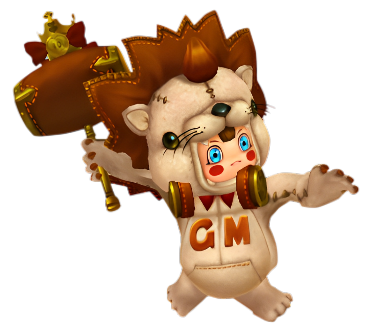 Frankie in a lion costume with a giant hammer and GM lettering