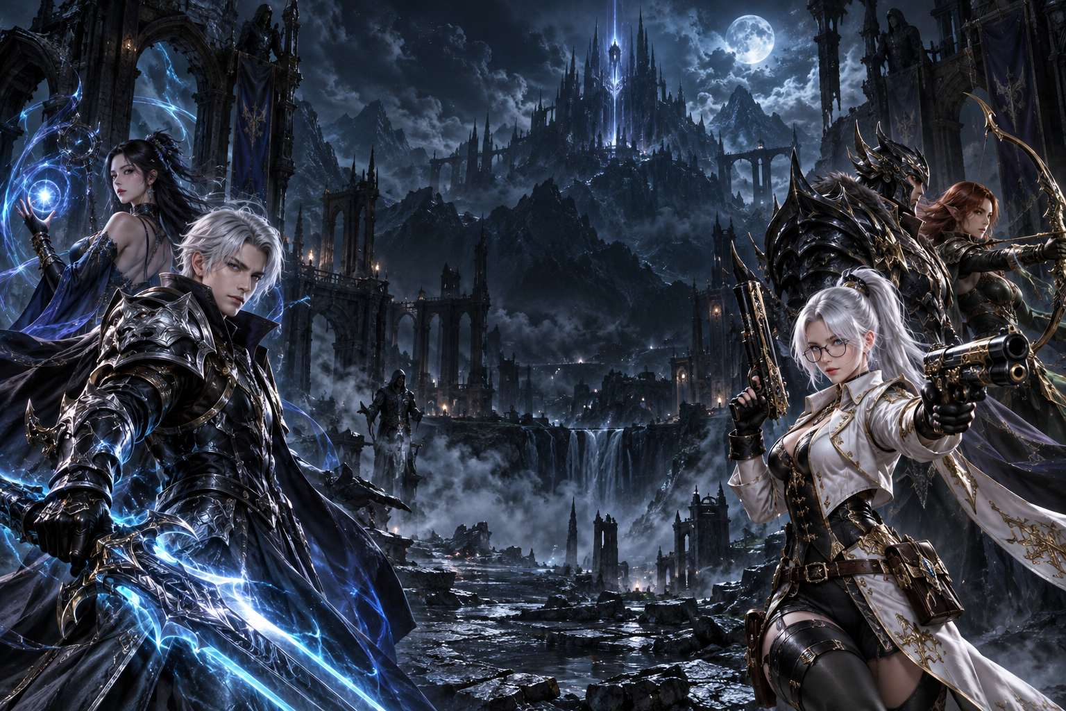Fantasy heroes surround a moonlit fortress beneath a stormy blue sky